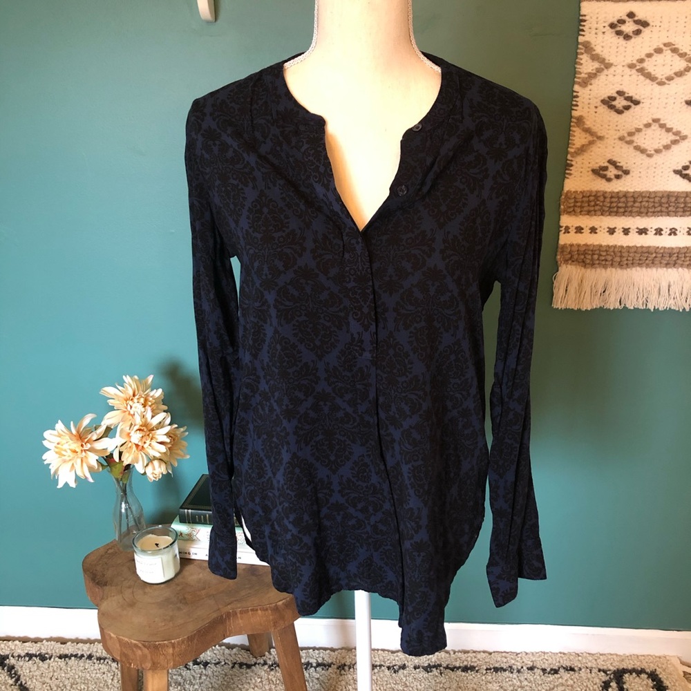 Blue and black damask print blouse